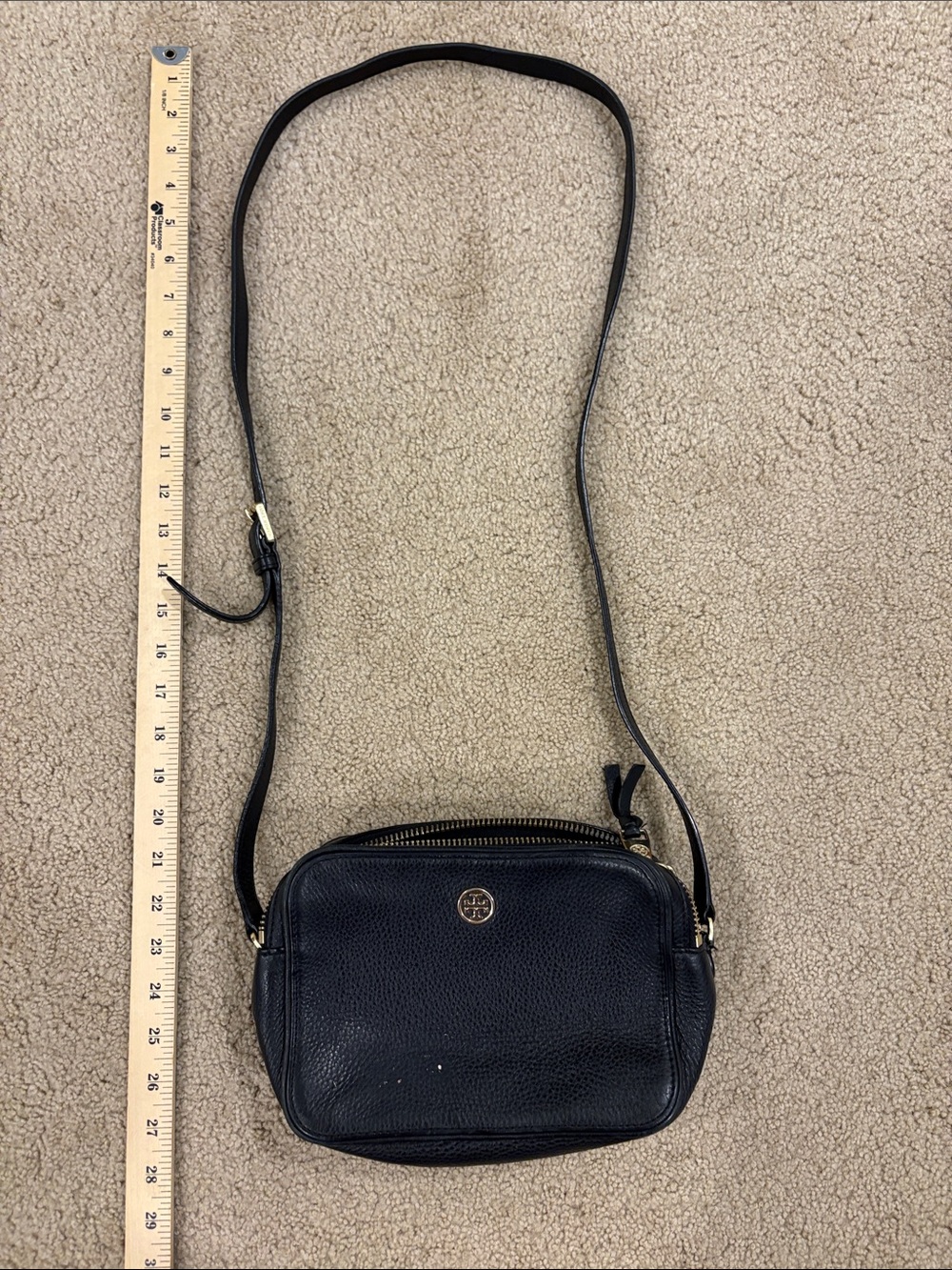 Tory Burch Black Pebbled Leather Compact Crossbody with Gold Logo
